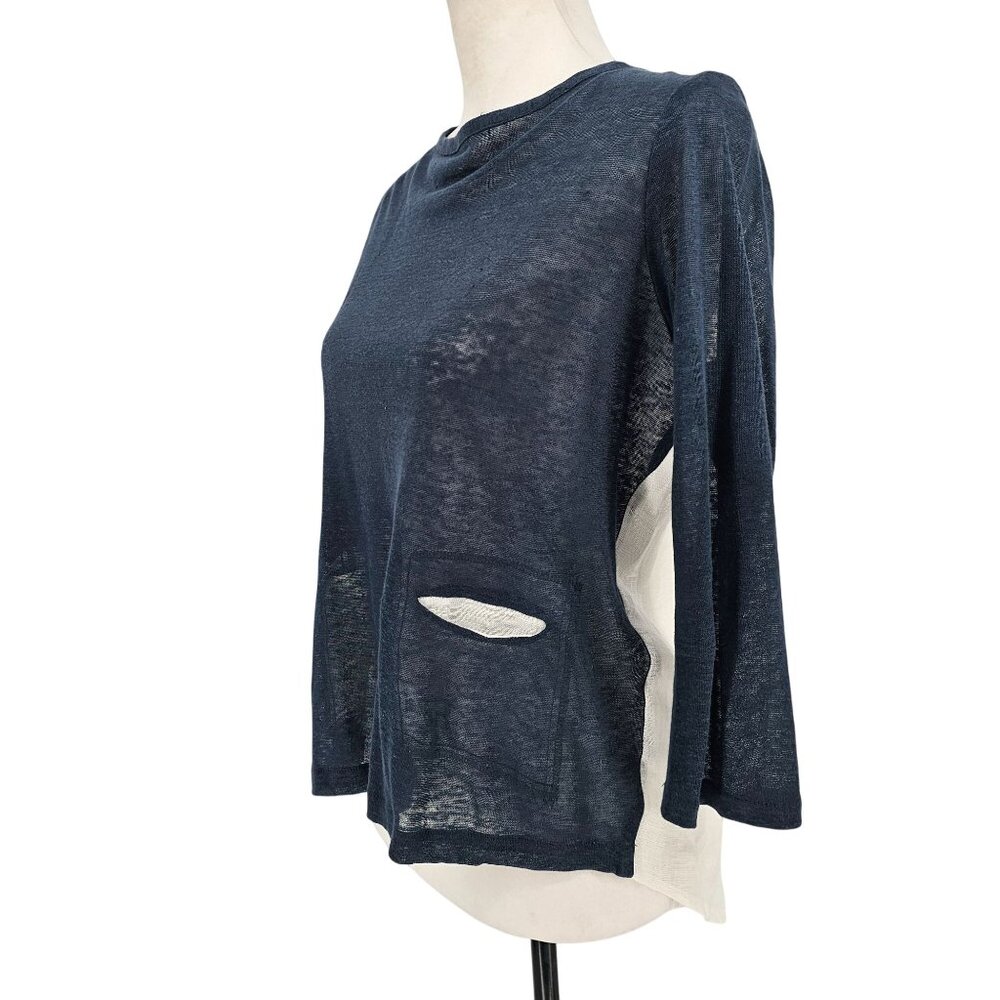 Pepitos Italian Linen High Low Top S Blue White Pocket Button Back‎ Coastal